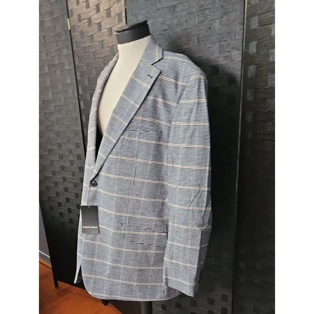 NWT Paul Fredrick Navy & Tan Plaid Blazer Men's 52L